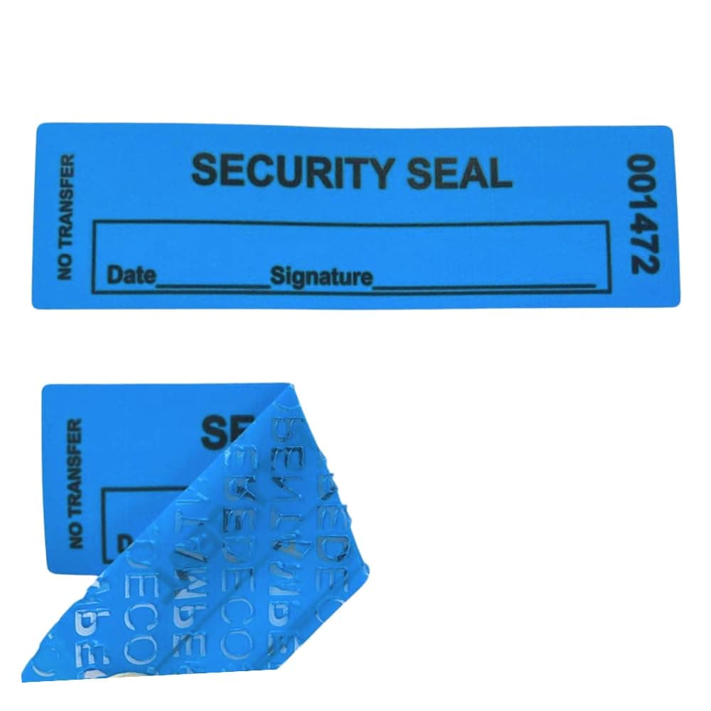 USPACKSMART 100% Tamper Evident Security Stickers - Labels - Seals (Blue, 2.5 x 8.5 cm), Sequential Numbers, Writeable in 100 Units, Fan Folded (Ref. LB-8348)