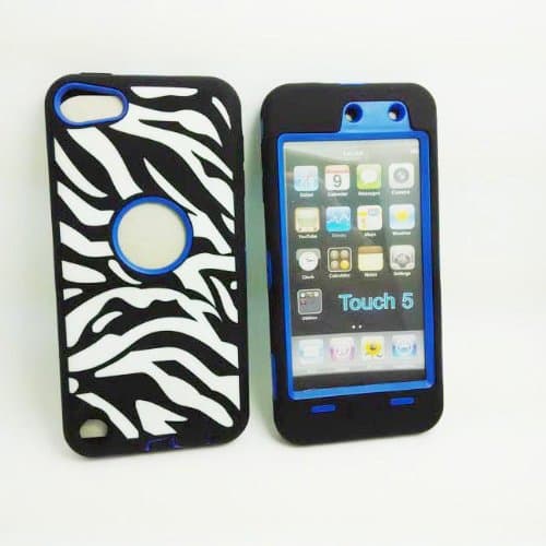 DELUXE Wave Pattern Hybrid Rubber Silicone Cover Case For iPod Touch 5 5th 5G, Wavy Line Print Hard Soft High Impact Hybrid Armor Case Combo for iPod Touch 5 5th Generation, Hybrid 3 PIECE Body Armor PROTECT CASE COVER SKIN FOR IPOD TOUCH 5 5TH. (Black+Blue)