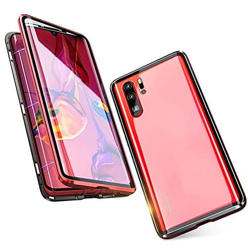 Case for Huawei P30 Pro Cover Magnetic Adsorption Tech Front Back Tempered Glass Unibody Design Powerful Magnets Built-in Frame 360 Degree Protection Shockproof Metal Flip Cover, Red Black