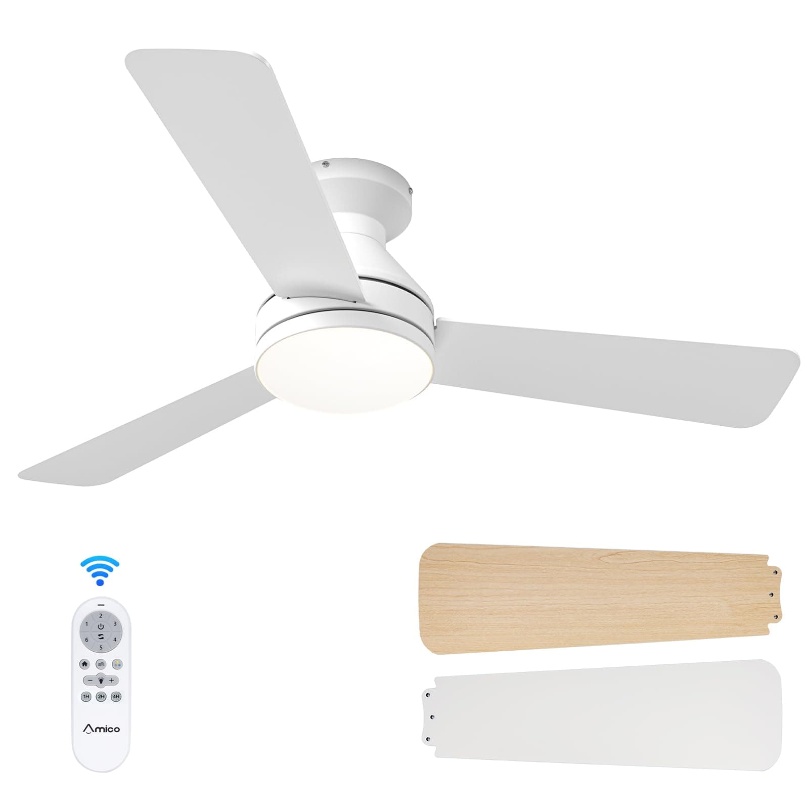 Ceiling Fans with Lights, 42 inch Low Profile Ceiling Fan with Light and Remote Control, Flush Mount, Reversible, 3CCT, Dimmable, Noiseless, White Ceiling Fan for Bedroom, Indoor/Outdoor Use