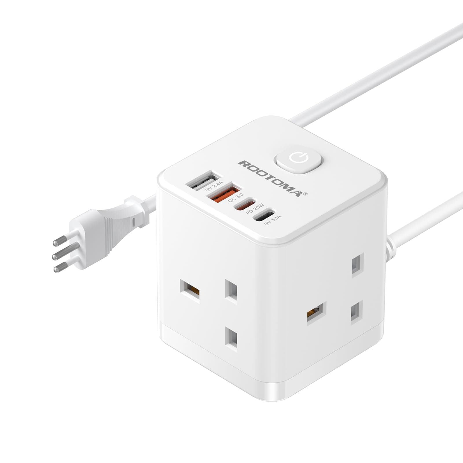 Italy Plug Adapter with 1.5M Extension Cable 3 Way 4 Fast Charging USB (QC3.0/PD20W) Compact Cube Travel Plugs for UK to Italy, Chile, Eritrea, Syria, Uruguay, Type L