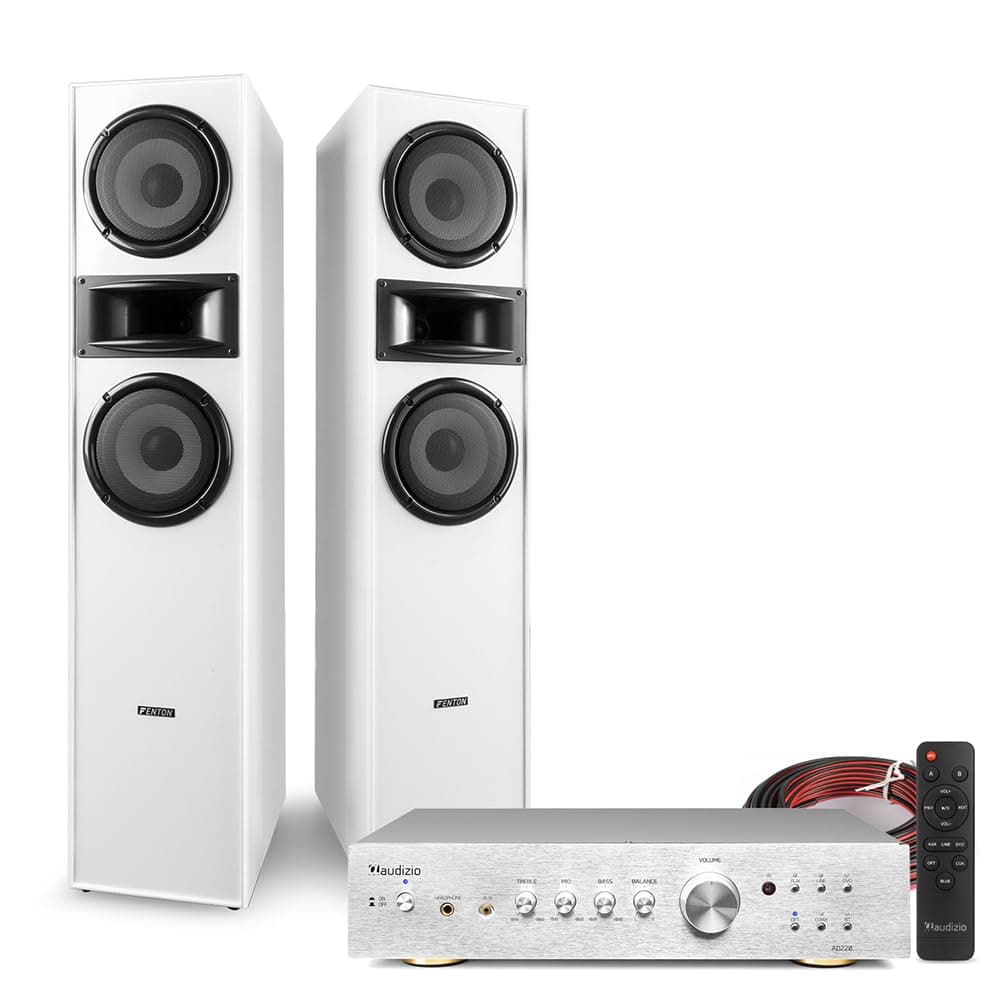 Fenton SHF700W Floor Standing HiFi Tower Speaker System, Bluetooth Amplifier & Speaker Cable Kit - Powerful Home Stereo System with Tower Speakers & Amplifier for TV Audio - White