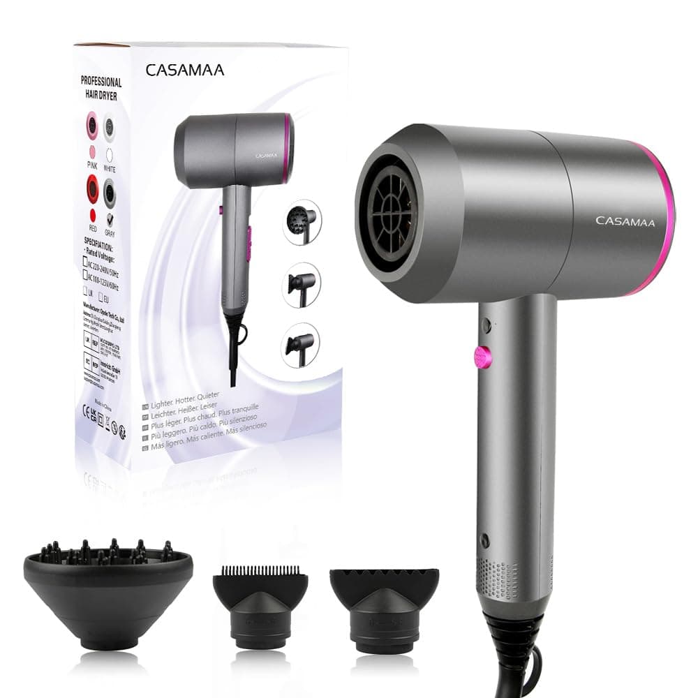 Professional Ionic Hair Dryer Powerful AC Motor Quick Drying with 2 Speed 3 Heat Setting, Cool Shot Button with 1 Diffuser & 2 Concentrator, Hairdryers for Women Man