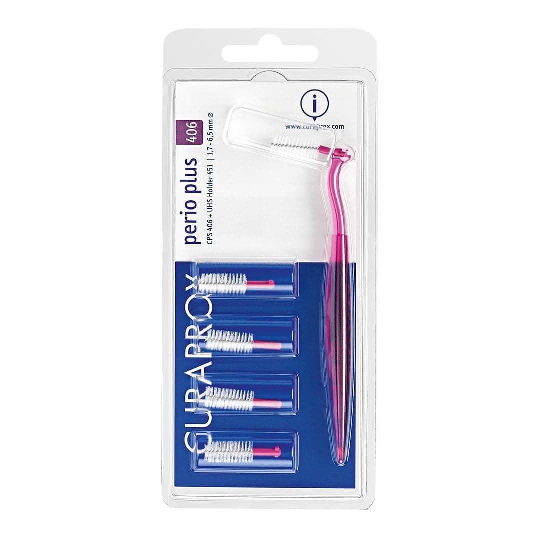 Curaprox CPS 406 Perio Plus | 5 CPS 406 Brushes + UHS 451 Fuchsia Holder | Gentle Deep Cleaning for Sensitive Gums | Ideal for Gum Care & Oral Hygiene