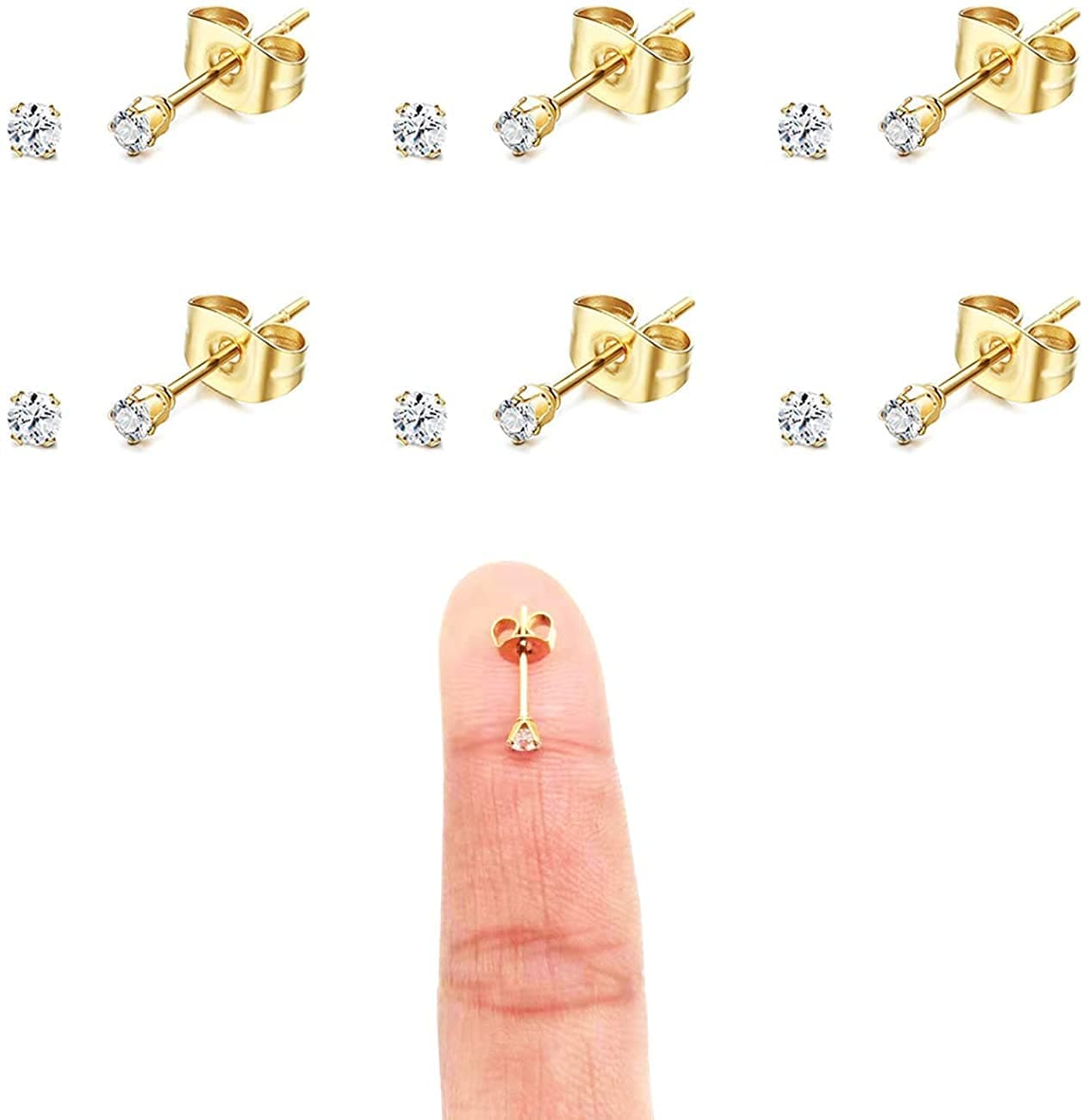 JIAFEI JOIE14K Gold Plating Tiny 3MM CZ Stud Earrings Micro 20G Cartilage Piercing Ear Studs Mini Cubic Zirconia Post Earrings for Women&Men…
