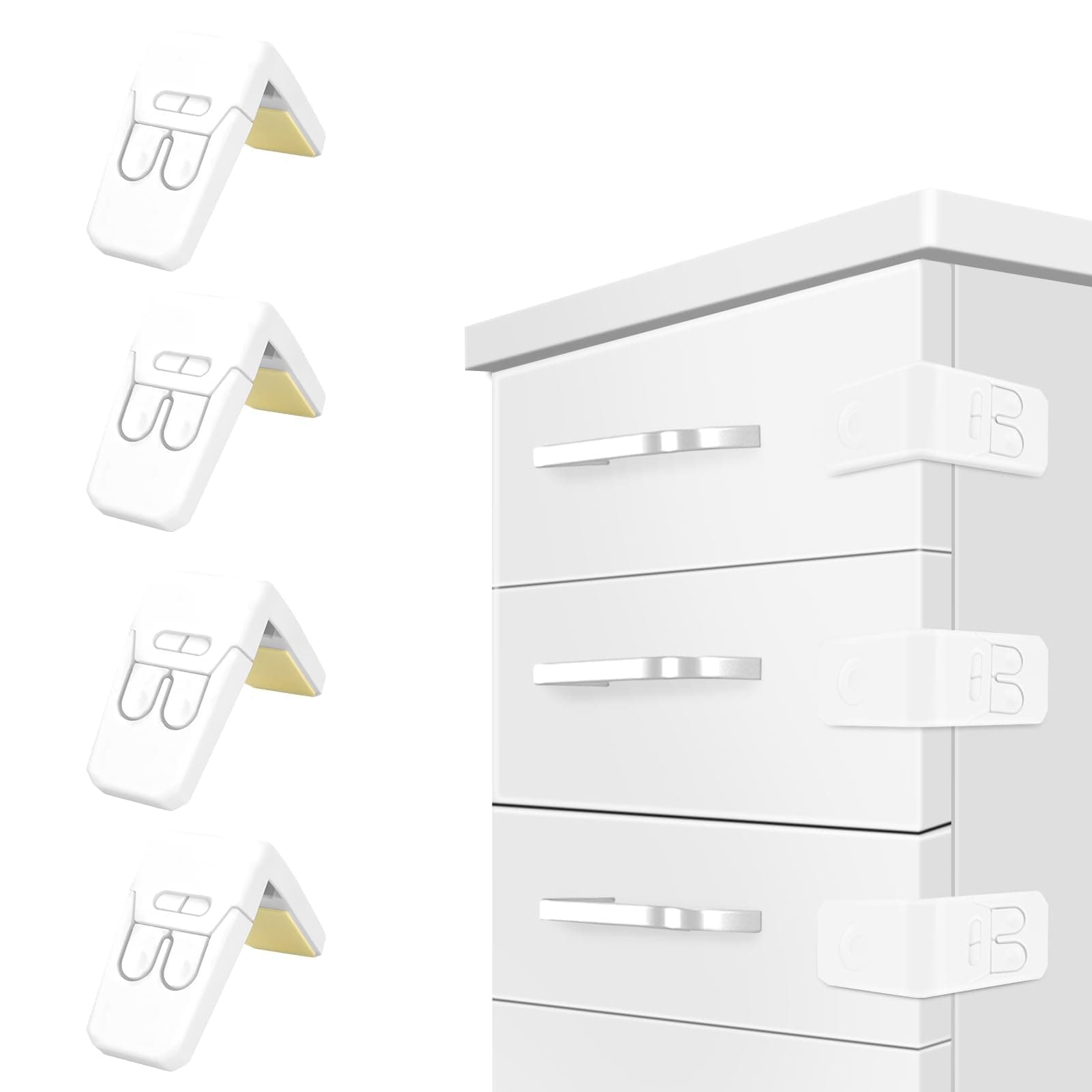 Azonee Cabinet Locks for Babies, 4 Pcs Safe Drawer Locks, Baby Proofing Angle Type Drawer Lock, Child Safety Locks for Cabinets, Dual-button Baby Proofing Corner Locks with Strong Adhesive for Cabinet