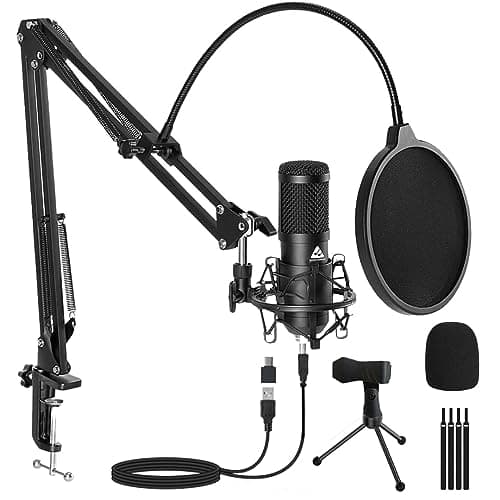Audio Array AM-C1 USB Condenser Microphone Kit | for Podcasting, Online Meeting, Gaming, Singing & Live Streaming | Boom Arm, Pop Filter, Mic Cover, Spider Shock Mount, Tripod & 2.5M USB Cable