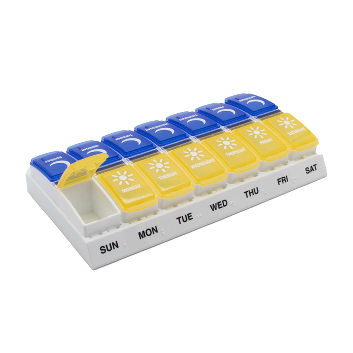 Weekly (7-Day) AM/PM Pill Organizer, Vitamin and Medicine Box, Large Pop-Out Compartments, Designed for Travel, 2 Times a Day, Blue and Yellow Lids