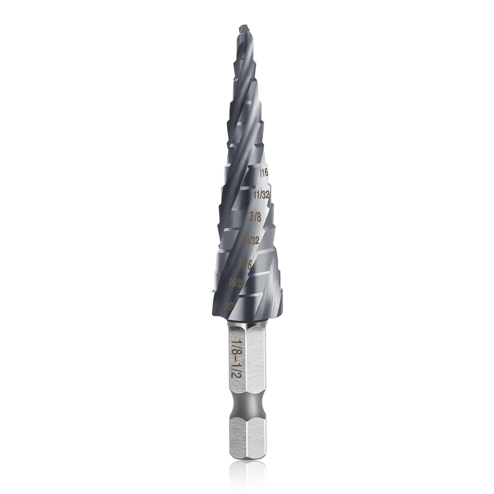Four Spiral Flute Cobalt Step Drill Bit, 1/8"-1/2" M35 Wear-Resistant TiAlN Coated Step Bit, 1/4" Hex Shank Unibit Step Drill Bit for Metal Stainless Steel Aluminum Wood Plastic (Four Flute - 1/8-1/2)
