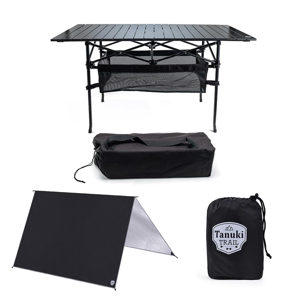 Folding Camping Table with Waterproof Tarp - Large Aluminum Camp Table with Storage and Weighted Frame - Rain Tarp for Comfortable Meals Outdoors - Foldable Table for Picnic, RV, Tailgating