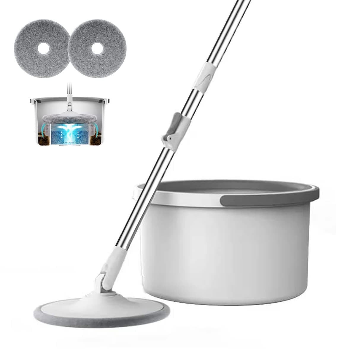 Spin Mop and Bucket Set 360°Flat Mop with with Self Separation Dirty and Clean Water System 2Pcs Microfiber Pad Extended Handle for All Types of Floor Cleaning