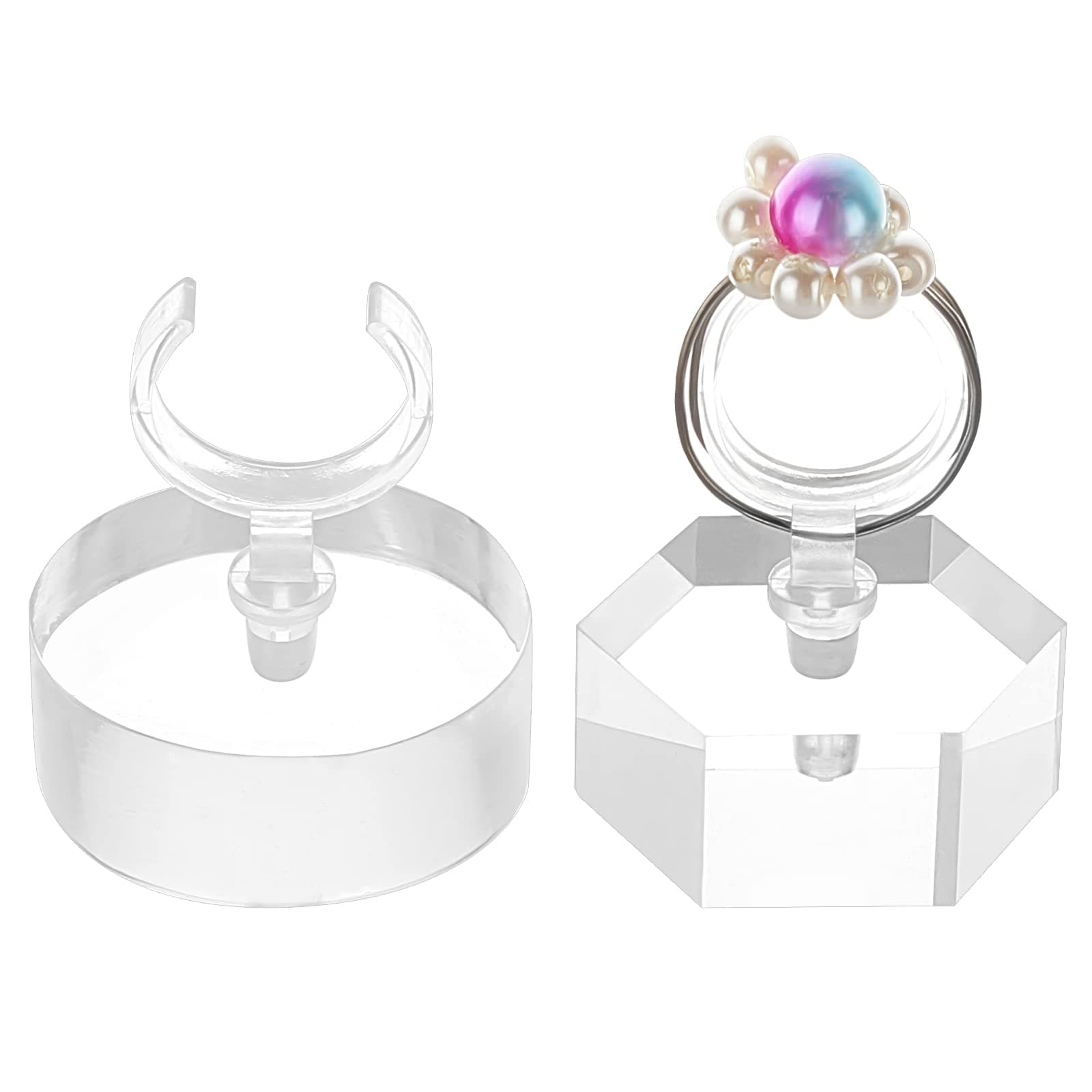 FINGERINSPIRE 2Pcs Ring Holder Blocks Acrylic Ring Display Stand Ring Display Holder Clear Round/Hexagon Ring Storage Rack for Store Showcase and Home Jewelry Organize Ring Photography Props