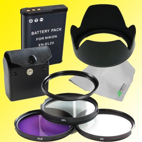 Nikon Coolpix P600 Filter Kit, En-el23 Battery Replacement for Nikon P600, Macro Lens, Cleaning Cloth, Filter Fit Case & Lens Hood - By Americacameras