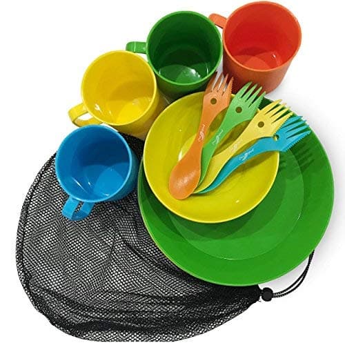Camping Mess Kit | Premium Full Tableware Set with Mesh Bag for 4 People | Lightweight, Practical, Perfect for Hiking & Backpacking, School Camps, Family Vacations