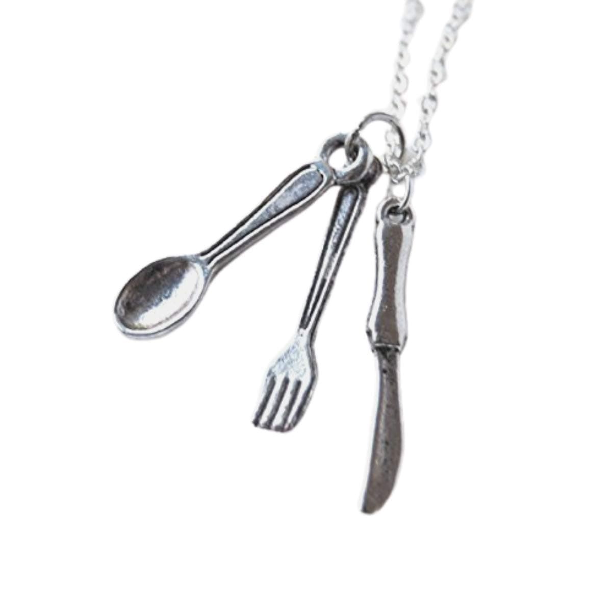 Tiny Silver Utensils Necklace - Cute Knife Spoon and Fork Charm Necklace