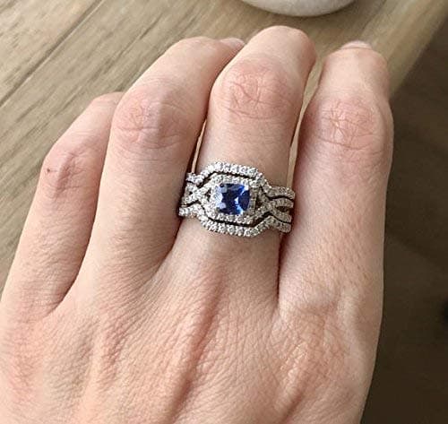 Deco Sapphire Engagement Ring Set- Sapphire Engagement Ring Set- Unique Bridal Set Rings- Vintage Bridal Set- Blue Sapphire Ring Set