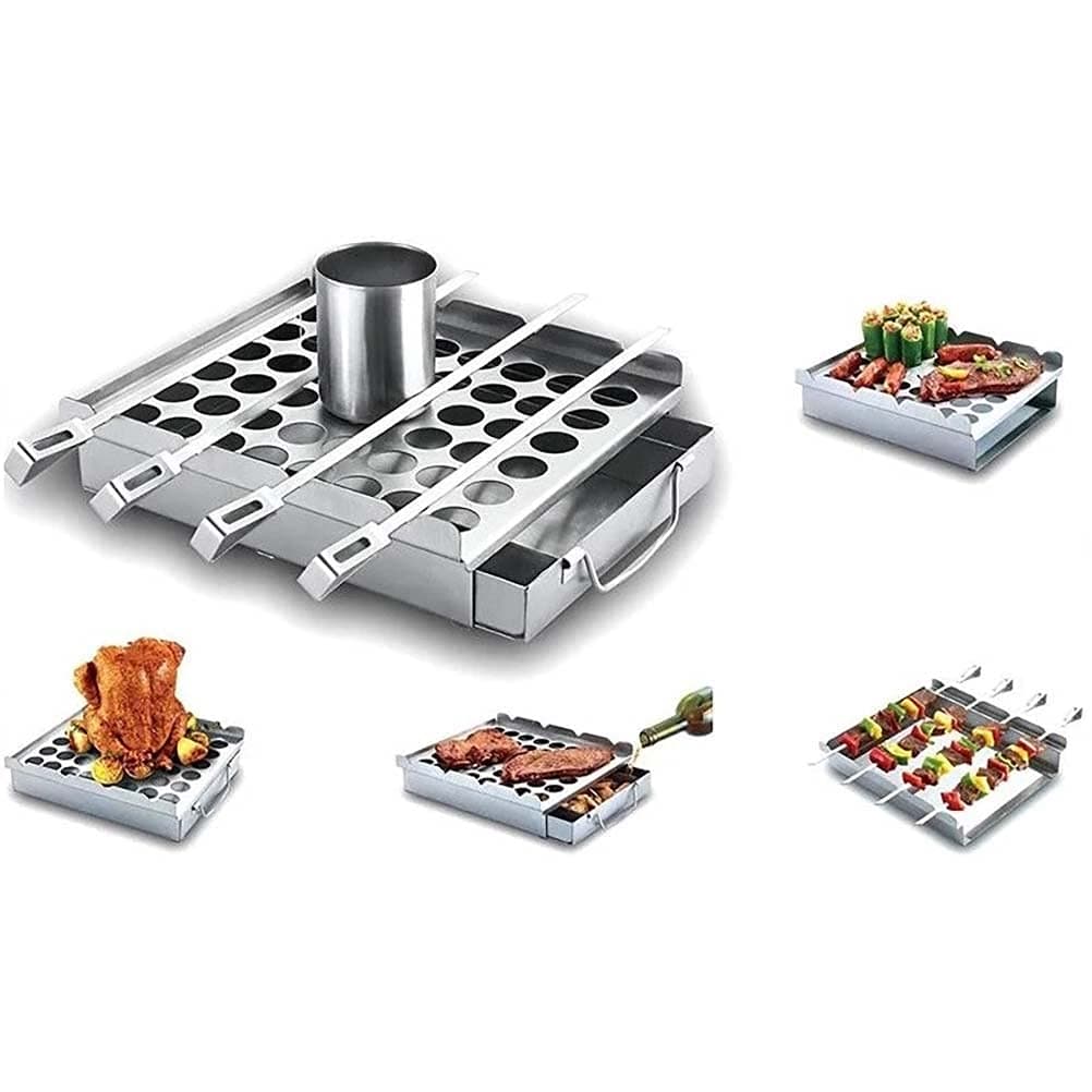 BBQ Aid 5 in 1 Set Ultimate Grilling Accessory for Barbecue Beer Can Chicken Roaster Smoker Box Jalapeno Popper Rack BBQ Skewers