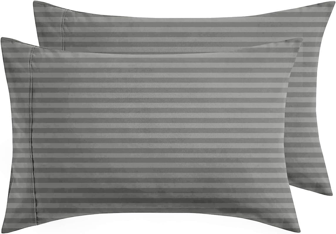 BSB HOME® 220 TC Premium Glace Cotton Solid Striped Pillow Covers | Ultrasoft Breathable Envelope Closure| Pack of 2 Pillow Covers King Size (Grey, 20 x 30 Inches)