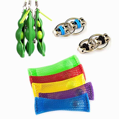 Sensory Decompression Fidget Toys Sets (10 Pieces) Mesh Marble, Flippy Chain, Squeeze-a-Bean Soybean Keychain for Kids Adults Relieve Stress Increase Focus ADHD ADD Autism Anxiety Relief Toys (B)