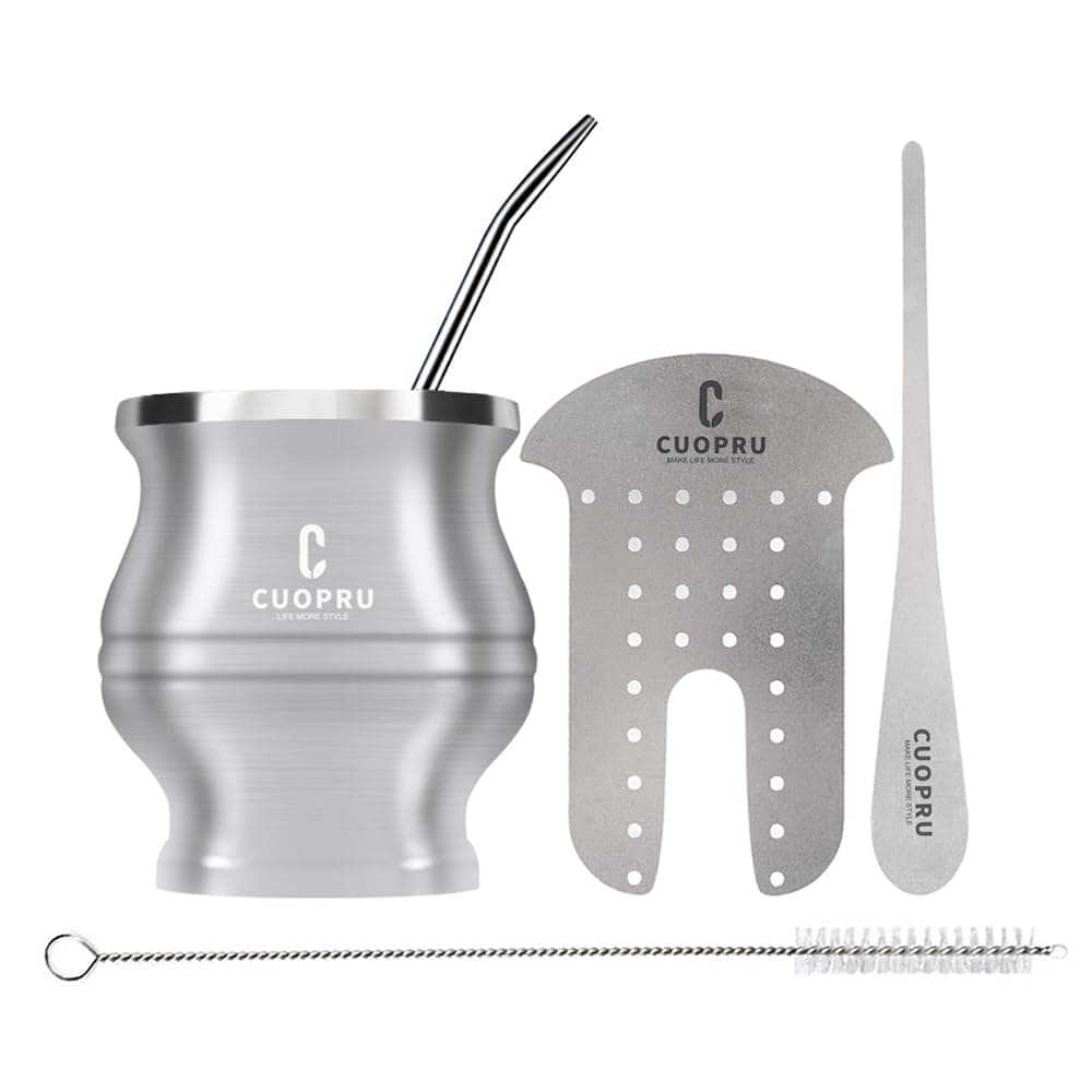 Cuopru Yerba Mate Cup - Mate Gourd Set Includes Double Walled Stainless Steel Tea Cup, Tea Shaper set, Bombilla Straws, Cleaning Brush (Silver)