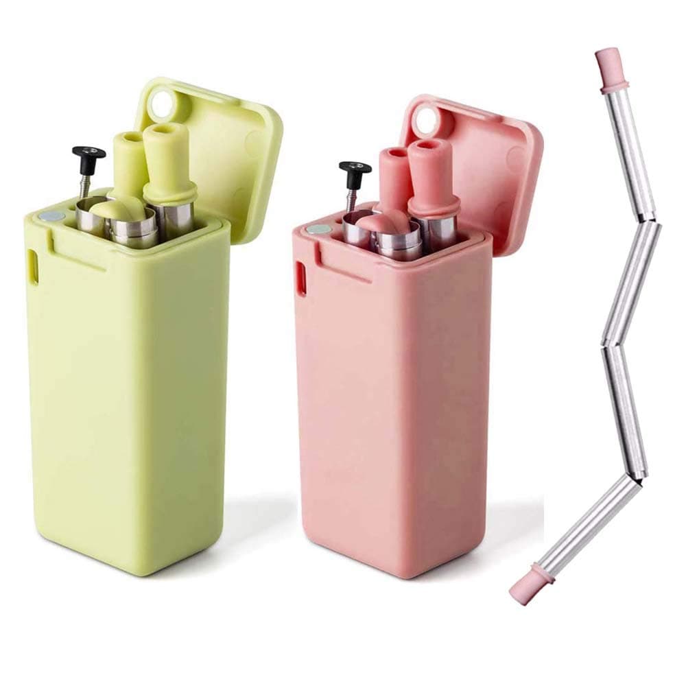 2 Pack Reusable Straws, Metal Drinking Straws, Save the Turtles straw, Food-Grade Portable Stainless Steel Straw, Folding Drinking Straws with Case Cleaning Brush for Party Travel Outdoor