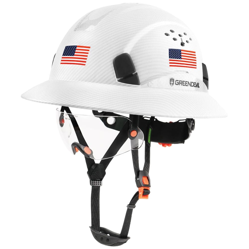 GREEN DEVIL Full Brim Hard Hat Vented Construction Safety Helmet OSHA Approved Cascos De Construccion ABS Work Hardhat for Men&Women 6 Point Adjustable Ratchet Suspension Custom Pattern Design
