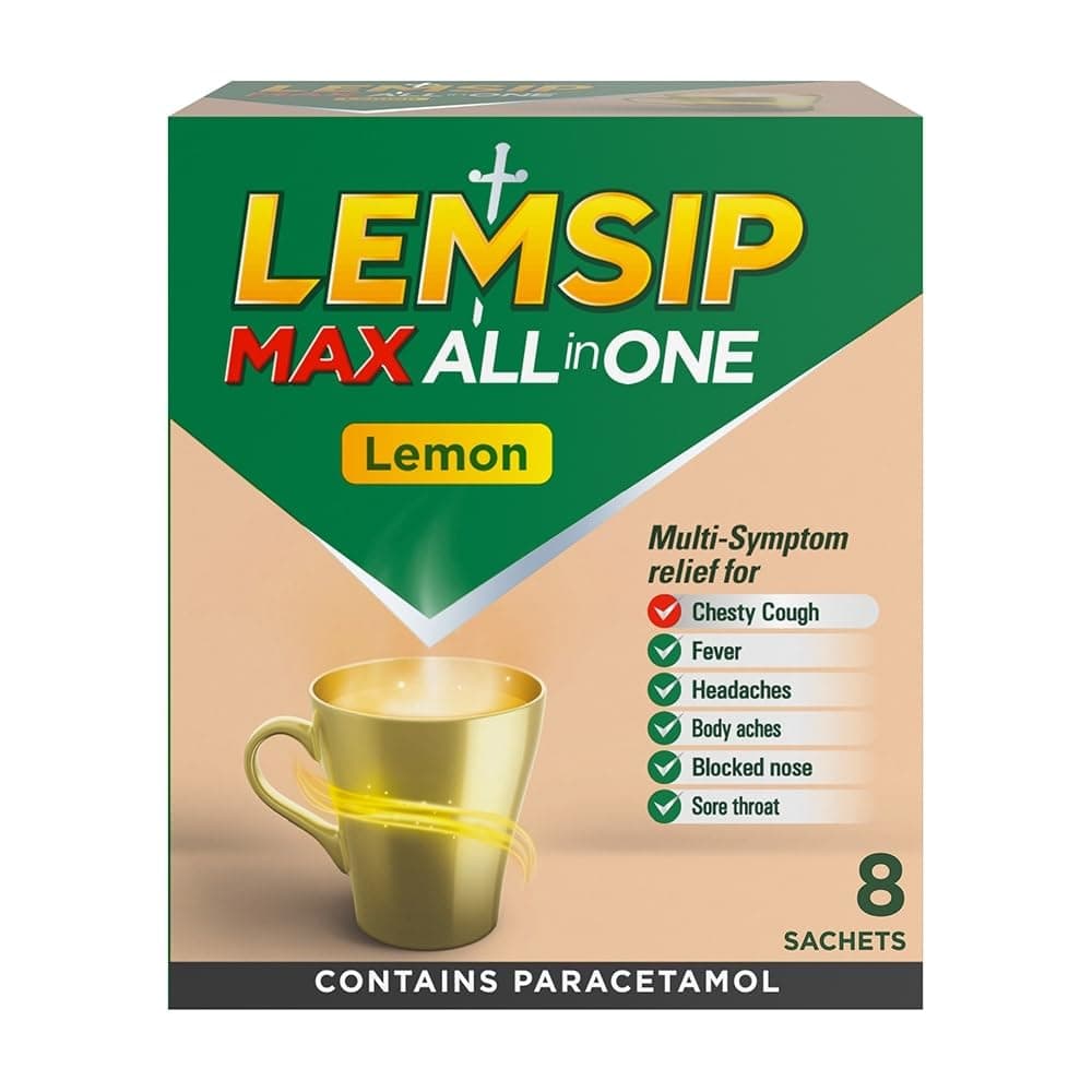 Lemsip Cold and Flu Sachets, Lemon, 8 Sachets, Headache Relief, Nasal, Chesty Cough, Sore Throat Relief, Paracetamol, Maximum Strength, Multi-Symptom Relief, Medication