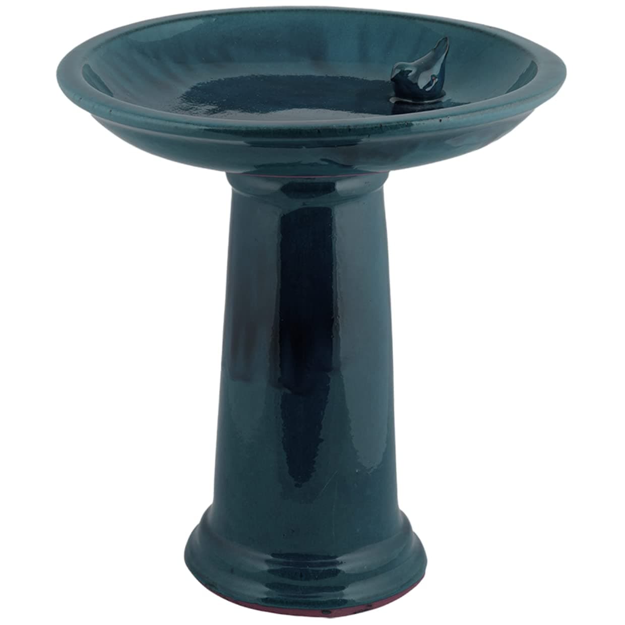 Bird Bath on Pedestal W/Bird, Ceramic, Blue