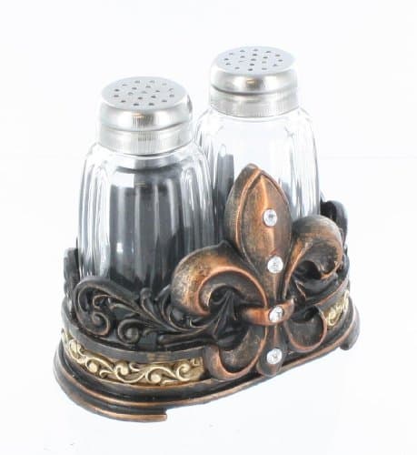 Fleur De Lis Salt & Pepper Shaker Set with Glass Shakers - Tuscan Creole Decor