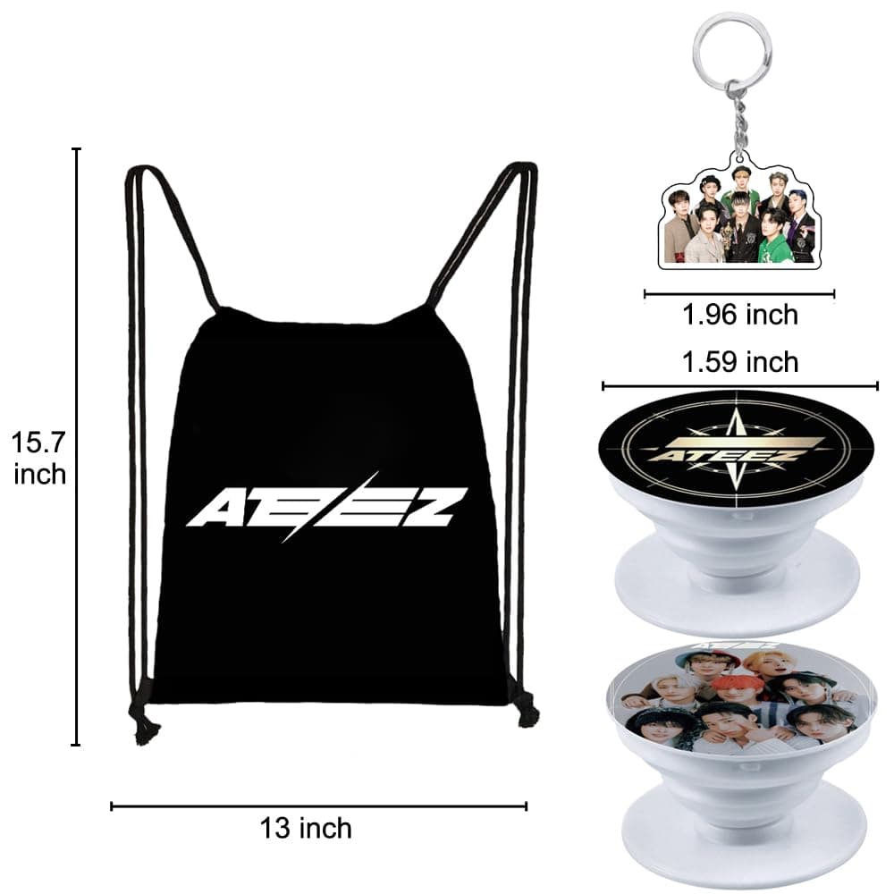 Kpop Gifts Set for Ateez, Including Drawstring Bag Backpack, Necklace, Earrings, Bracelets, Button Pins, Lanyard ID Holder, Keychain, Phone Ring Holder, Cartoon Badge