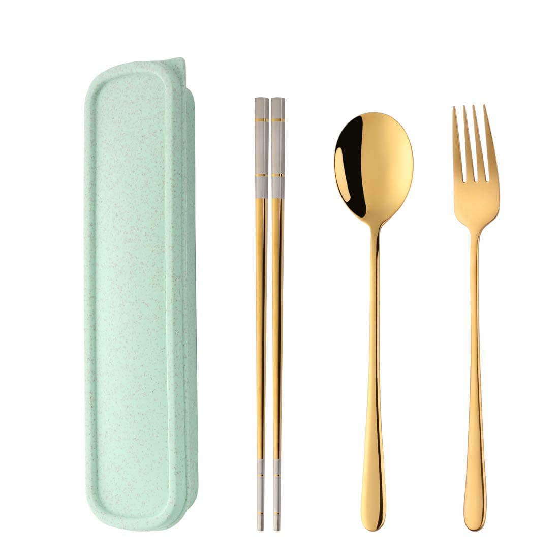 3 PCS Stainless Steel Travel Camping Flatware Set Fork Spoon Chopsticks with Portable Case, Gold