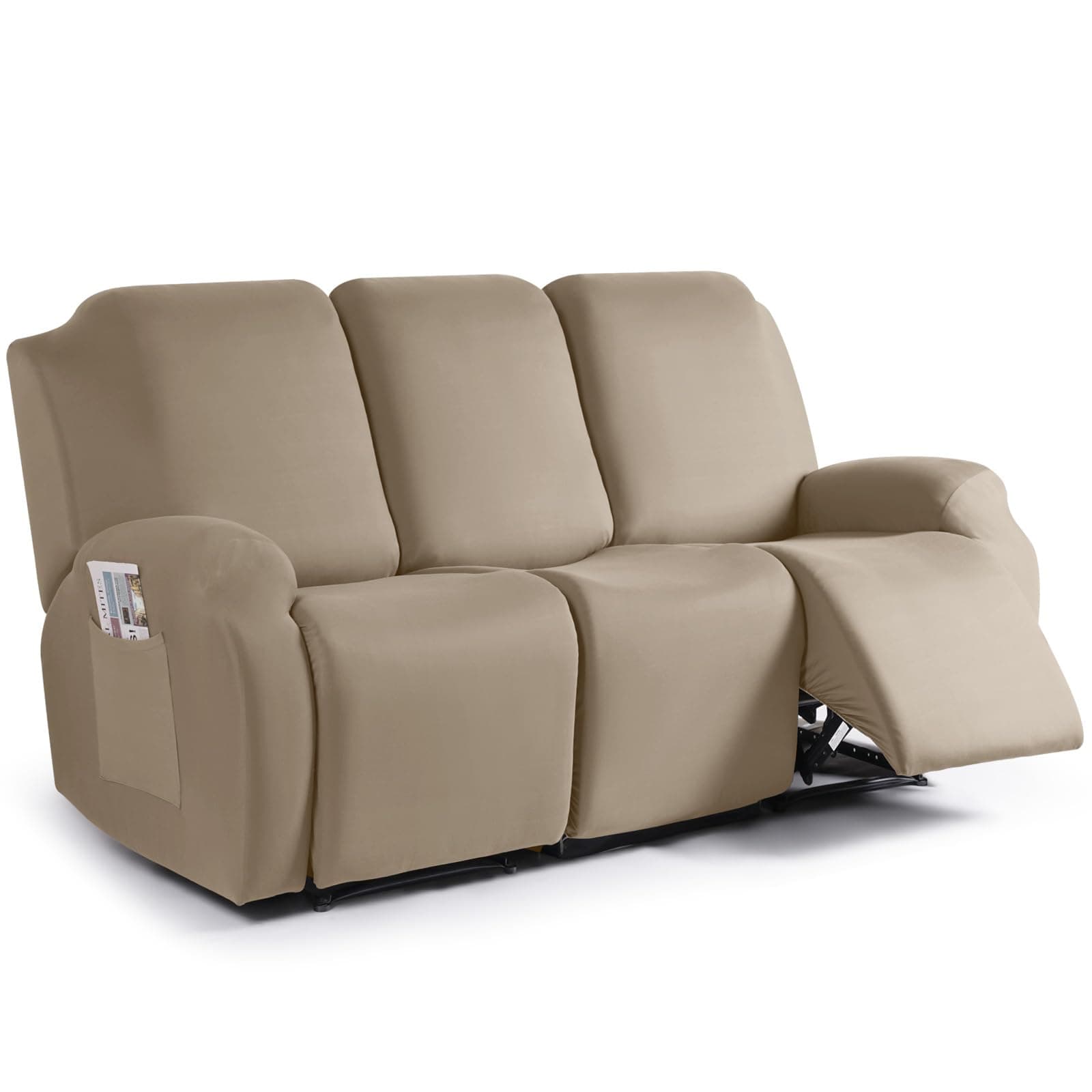 Stretch Recliner Sofa Covers 3 Pieces Couch Covers for 3 Seat Reclining Sofa, Soft Polyester Fabric Washable Furniture Protector Sofa Slipcovers with Pockets (3 Seat, Taupe)