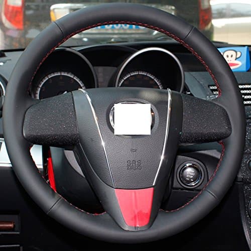 Ablee Superior Microfiber Leather Steering Wheel Cover for 2010-2013 Mazda 3/2011 2012 2013 Mazda 6/2012 2013 2014 2015 Mazda 5/2011-2013 Mazda CX-7/2010-2015 Mazda CX-9 (Black Leather Red Thread)