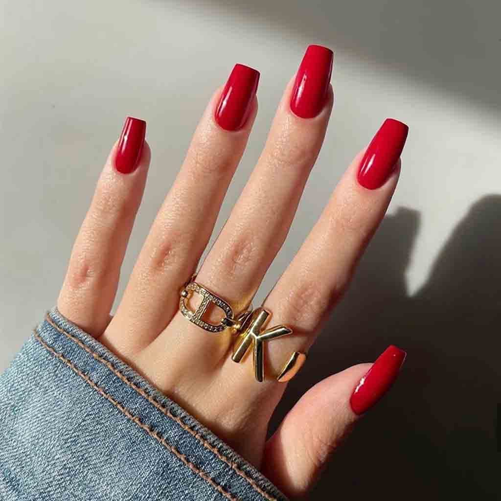 Red Press on Nails Medium Acrylic Nails Coffin Nails for Women Glossy Fake Nails 24 PCs/Set (Medium Coffin Red)