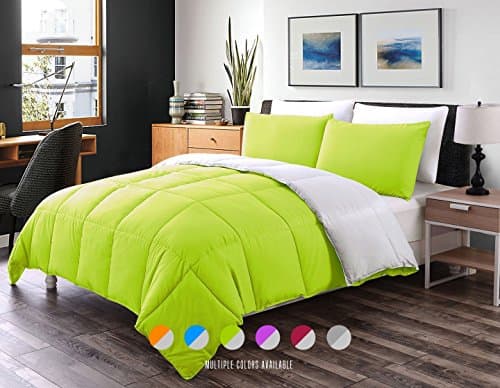 Luxe Bedding 3-PCS Reversible Down Alternative Quilted Duvet/Comforter Set - All Season Hotel Quality (King, Lime/Gray)
