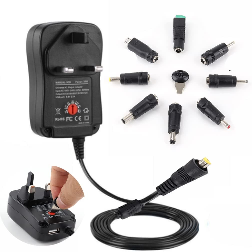 Universal AC/DC Adapter, 30W Switching Power Supply with 8 Selectable Adapter Plugs for 3V 4.5V 5V 6V 7.5V 9V 12V Household Electronics and LED Strip - 2000mA Max