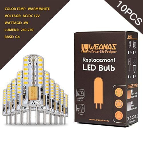 Weanas 10x G4 Base 48 LED Light Bulb Lamp 3 Watt AC DC 12V/10-20V Warm White Undimmable Equivalent to 20W T3 Halogen Track Bulb Replacement 360 Degree Beam Angle