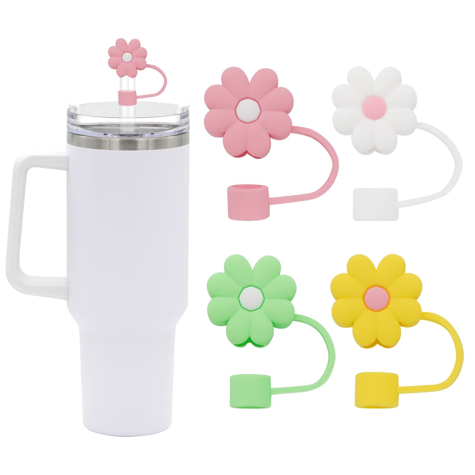4Pcs 0.4in Diameter Cute Silicone Straw Covers Cap for Stanley Cup, Dust-Proof Drinking Straws Reusable Straws Tips Lids (4 PCS Flower Straw Covers)