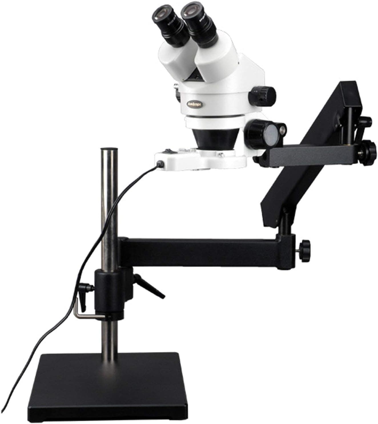 AmScope SM-7B-FRL Professional Binocular Stereo Zoom Microscope, WH10x Eyepieces, 7X-45X Magnification, 0.7X-4.5X Zoom Objective, 8W Fluorescent Ring Light, Articulating-Arm Boom Stand, 110V-120V