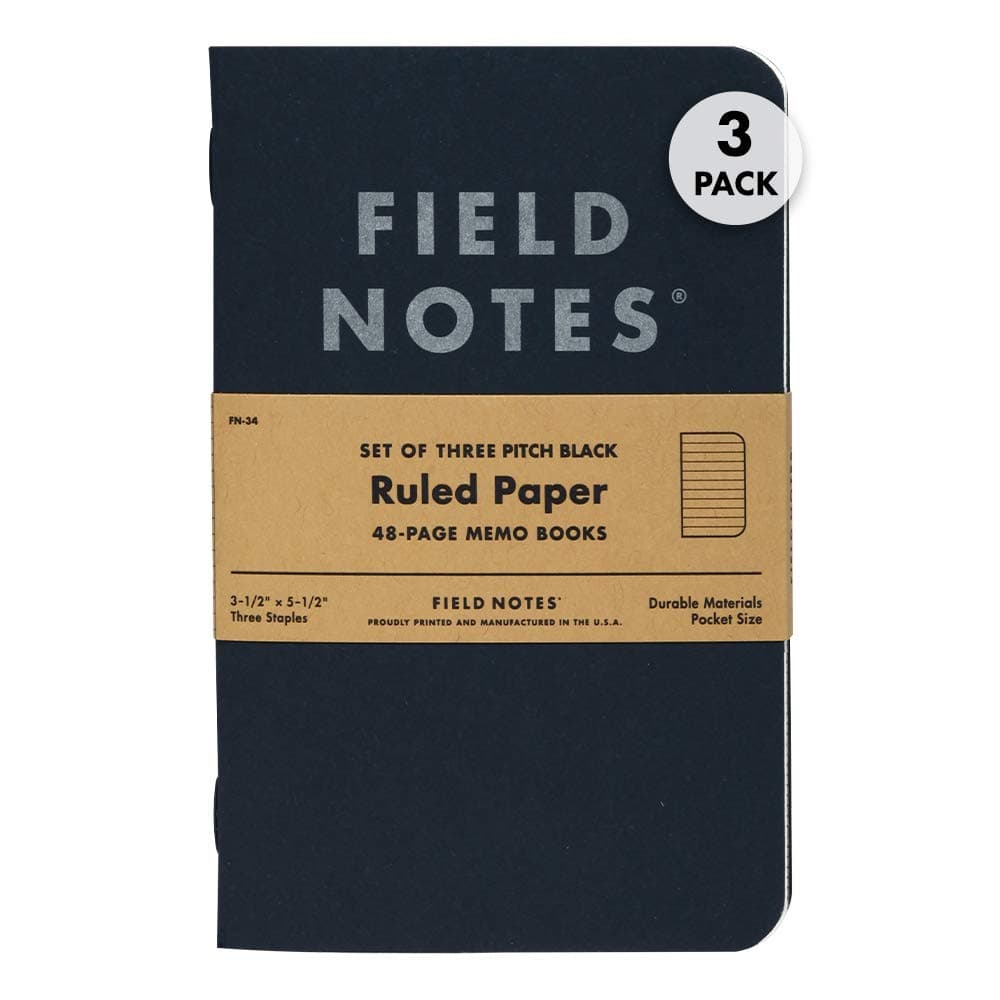 3-Pack Pitch Black Memo Books (3.5" X 5.5"), Ruled, 48 Pages | Thin Pocket Sized EDC Notebook With 90 GSM Paper & Paperback Cover | Work Notebooks For Note Taking | Made in the USA