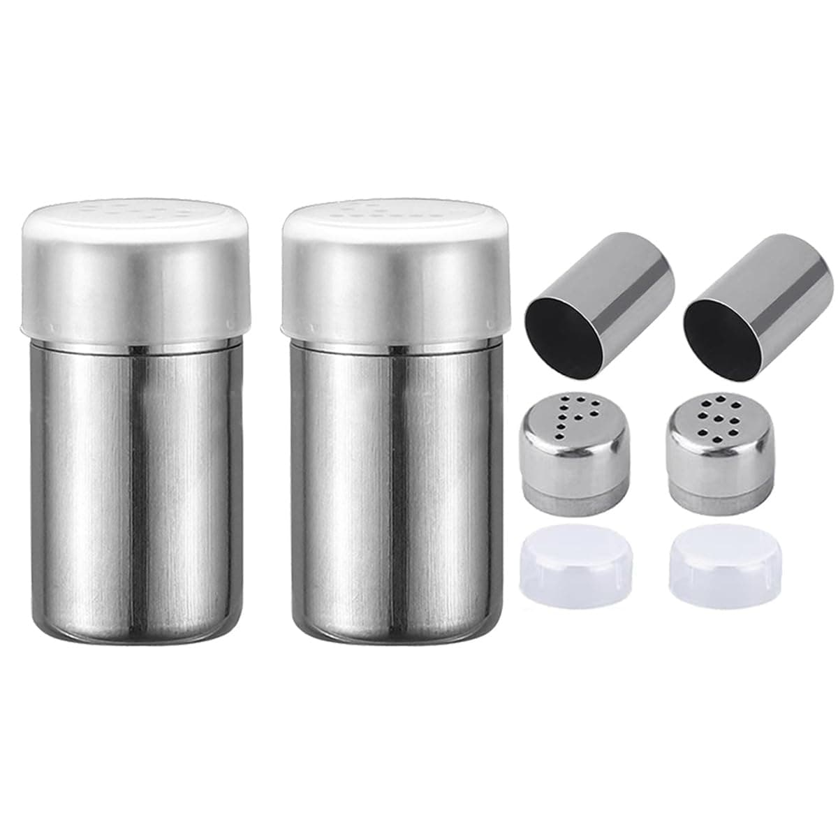2-Pack Mini Salt Pepper Shaker,5ml Salt and Pepper Shaker with Lid,Stainless Steel Spice Jars Seasoning Dispenser for Salt Sugar Spice Pepper (Silver, Small)