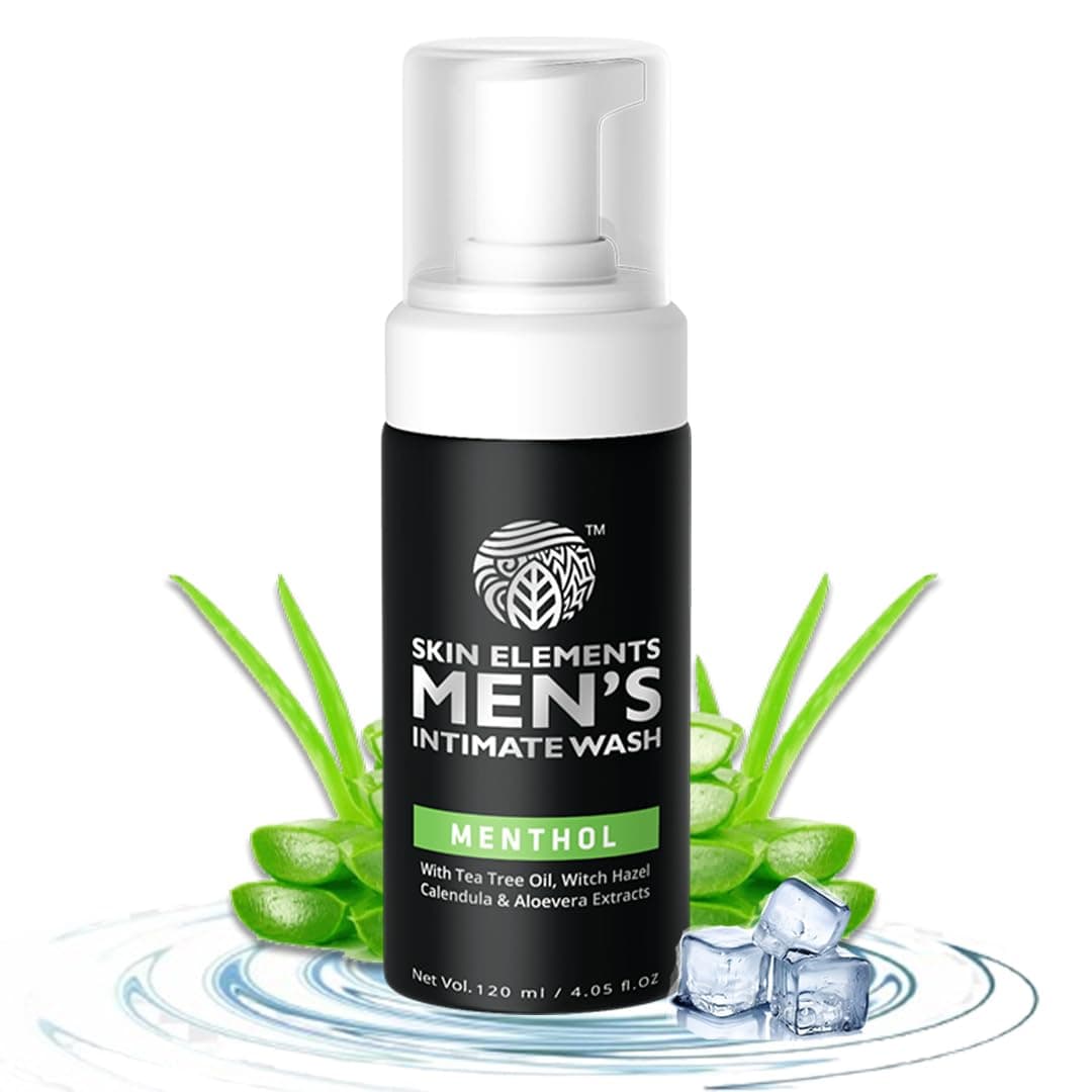 Skin Elements Intimate Wash for Men with Menthol | pH Balanced Foaming Intimate Wash | Jabon Intimo Hombre | Controls Bad Odor and Sweat | Cools and Refreshes Intimate Area | 4.05 fl. Oz.