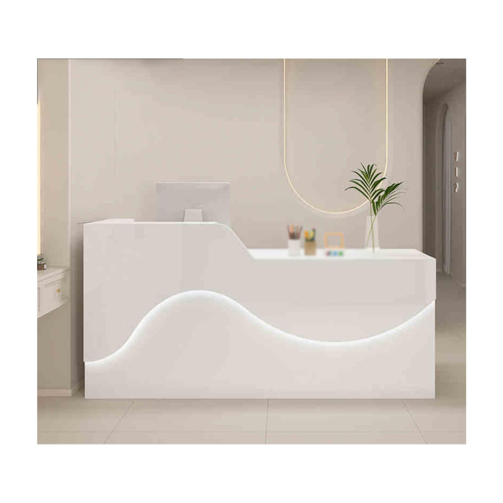 Modern Reception Desk - Front Office Station with Spacious Desktop, Large Storage, Stylish Atmosphere Lighting, Beautiful & Practical Design (White, 140CM Right)
