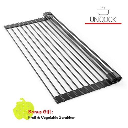 Roll Up Dish Drying Rack by Uniqook - Over the Kitchen Sink Large Silicone Stainless Steel Dishes Drainer, Drain Board Colander Mat and Dry Dishes Organizer, for Pans Bottles Bowls, Foldable Storage