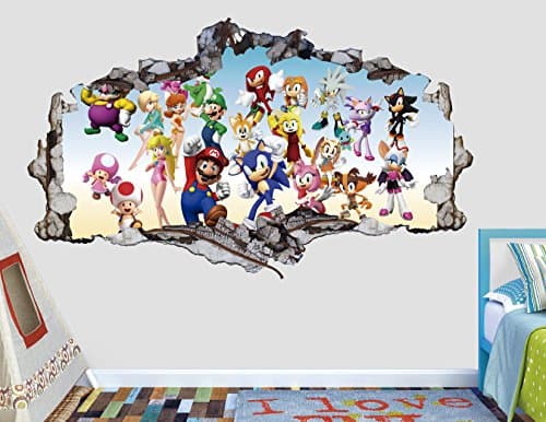 Mario Sonic Groups Friends 3D Sticker Wall Decal Smashed Vinyl Decor Mural Games - Broken Wall - 3D Designs - AL44 (Large (Wide 40" x 24" Height))