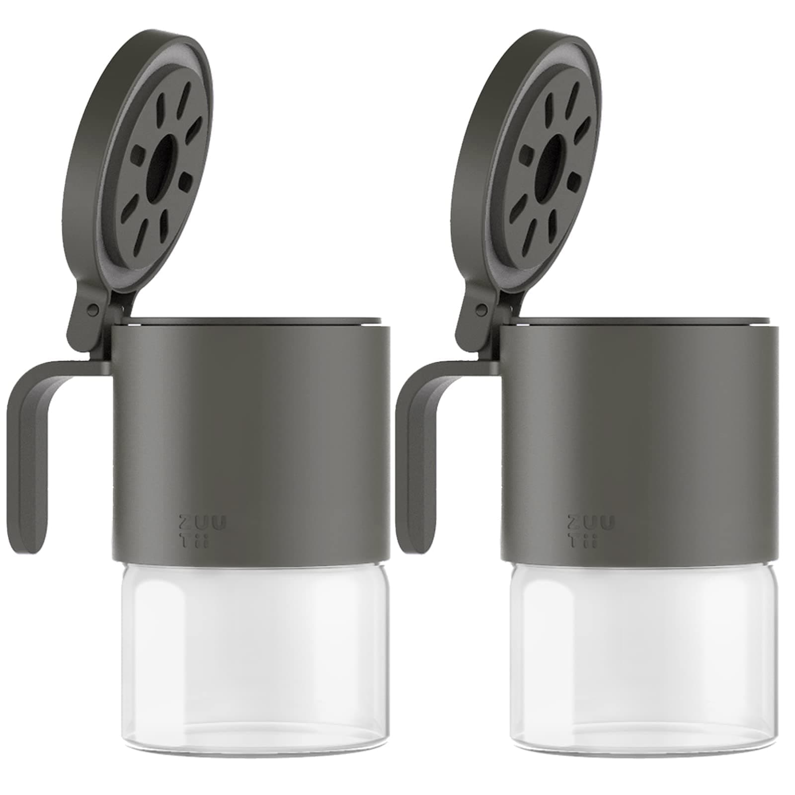 Zuutii Glass Spice Jars Moisture-Proof Spice Containers with Spoons, Set of 2 10oz/300ml Spice Bottles, Mini Seasoning Storage Jars with Flapper Caps for Salt, Sugar, Peppers, Chili in Kitchen Grey