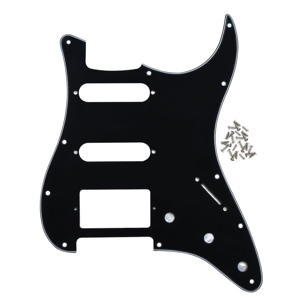 IKN 11 Hole Strat SSH Pickguard Guitar Scratchplate with Mounting Screws for U.S./Mexican Fender Standard Stratocaster Bridge Cut, 3Ply Black
