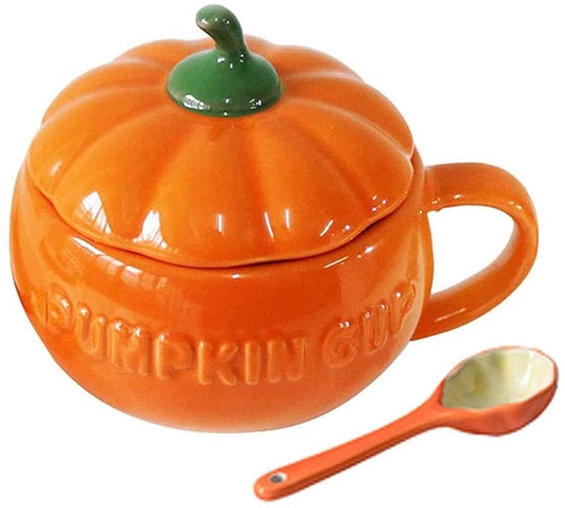YBK Tech Cute Pumpkin Cup, Ceramic Coffee Mug, Tea Cup with Lid and Spoon (8.5oz)
