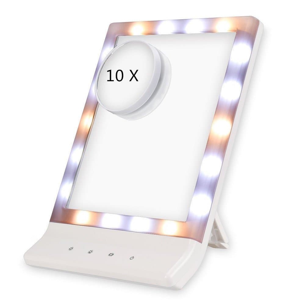 LED Makeup Mirror - Touch Screen 18 LED Cosmetic Vanity Mirror, Powered by USB Cable or 4AA Batteries(Included), on Table or Wall Mounted, with a Removable 10X Magnifying Mini Spot Mirror Sucked on