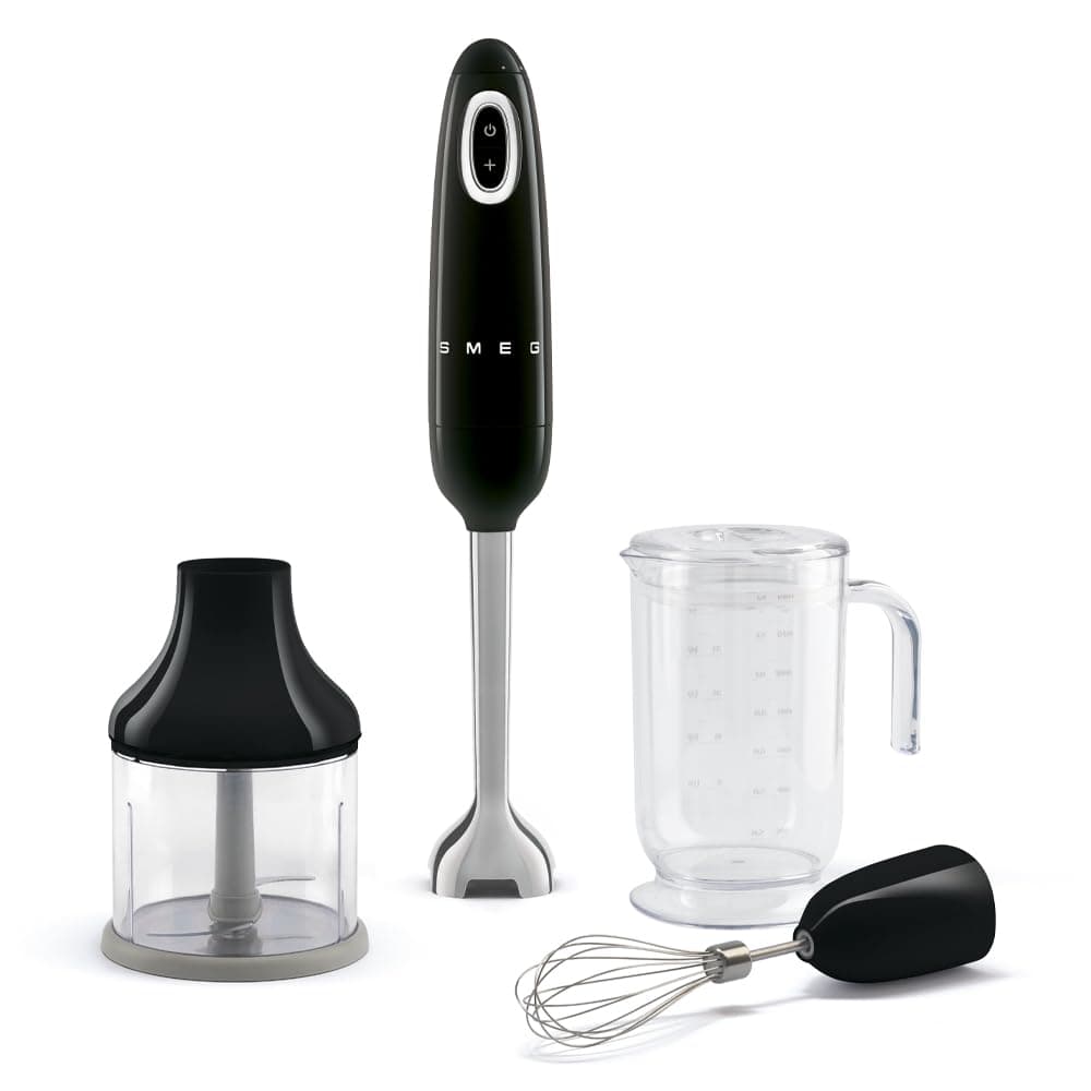 Handheld Immersion Blender with Beaker, Chopping Bowl w/Lid, Wire Whisk, 5 Speed Controls, made with Stainless Steel Blades and Ergonomic Design (Black)